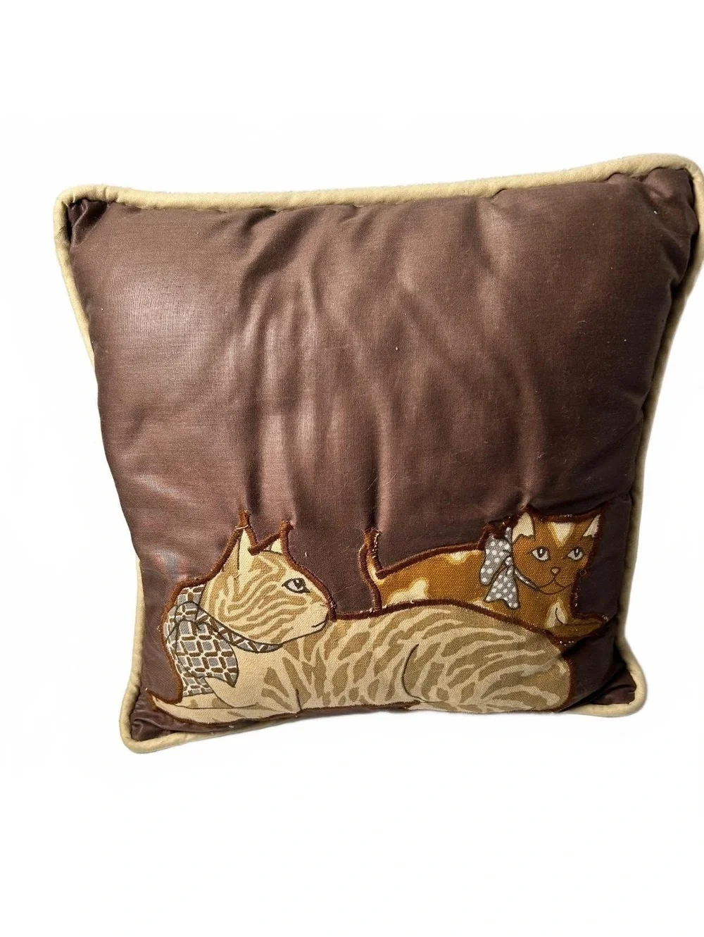Decorative Brown Pillow with Cat Embroidery by Desley